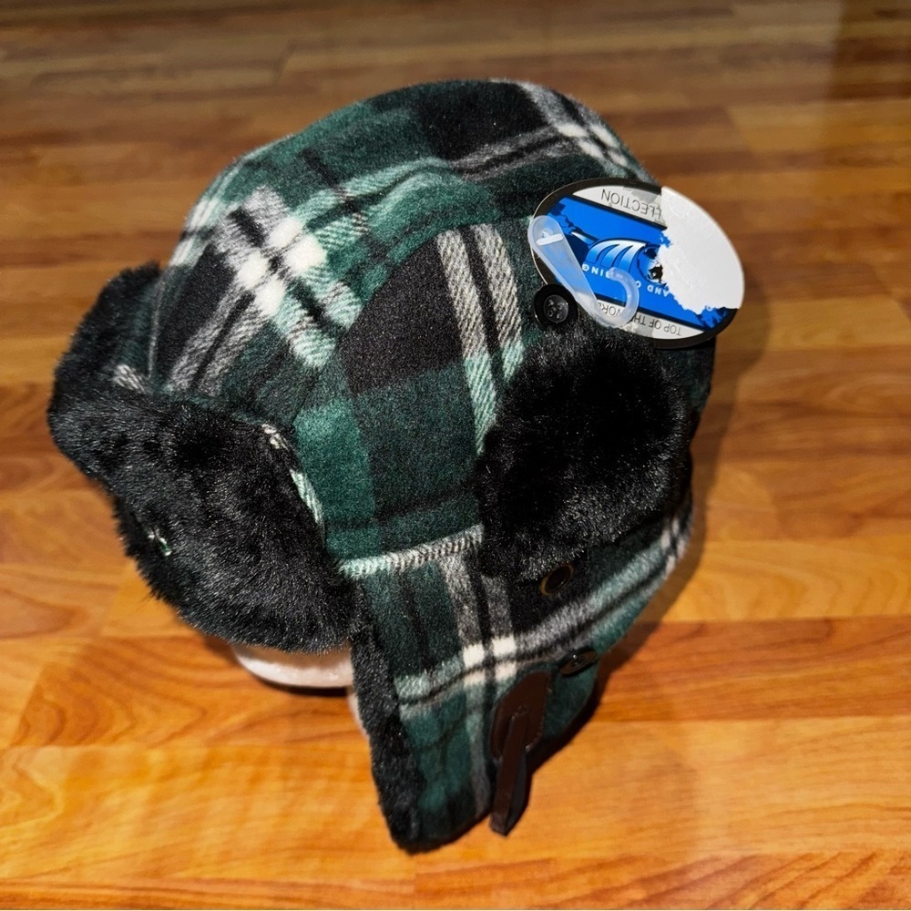Oswego Green Plaid Trapper Style Hat Green,  White & Black Plaid Wool Ear Warmer - Picture 3 of 12